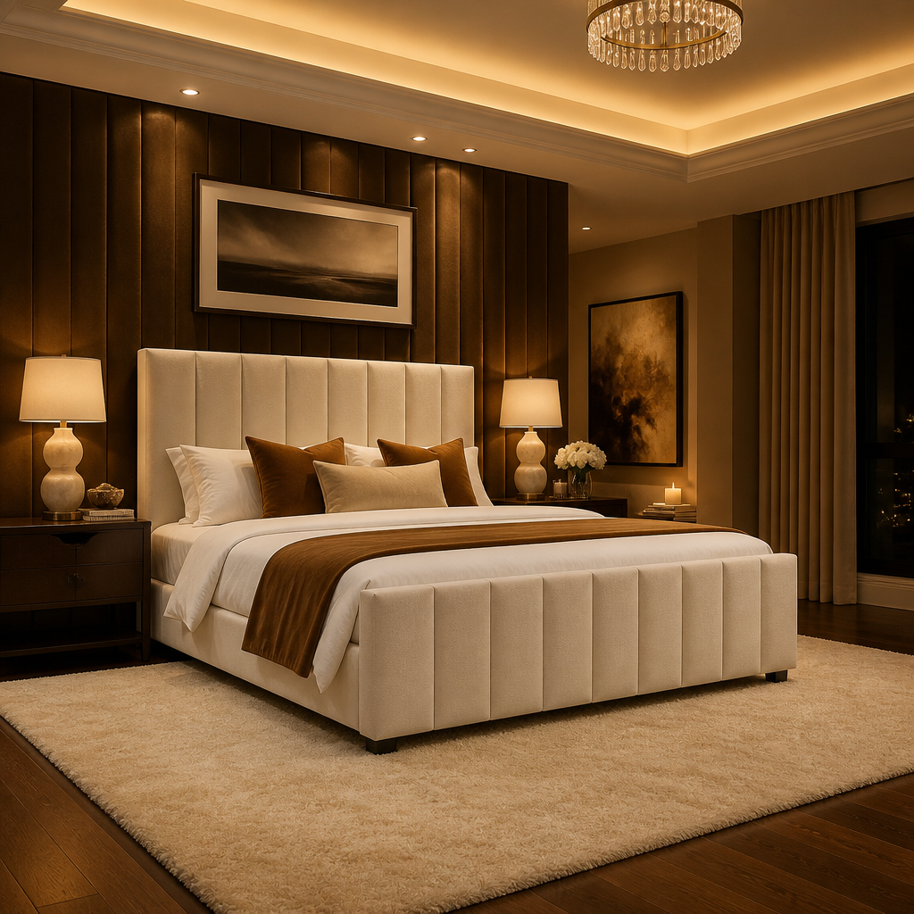 Linen beige upholstered bed made up beneath framed art with flanking lamps in a designed bedroom