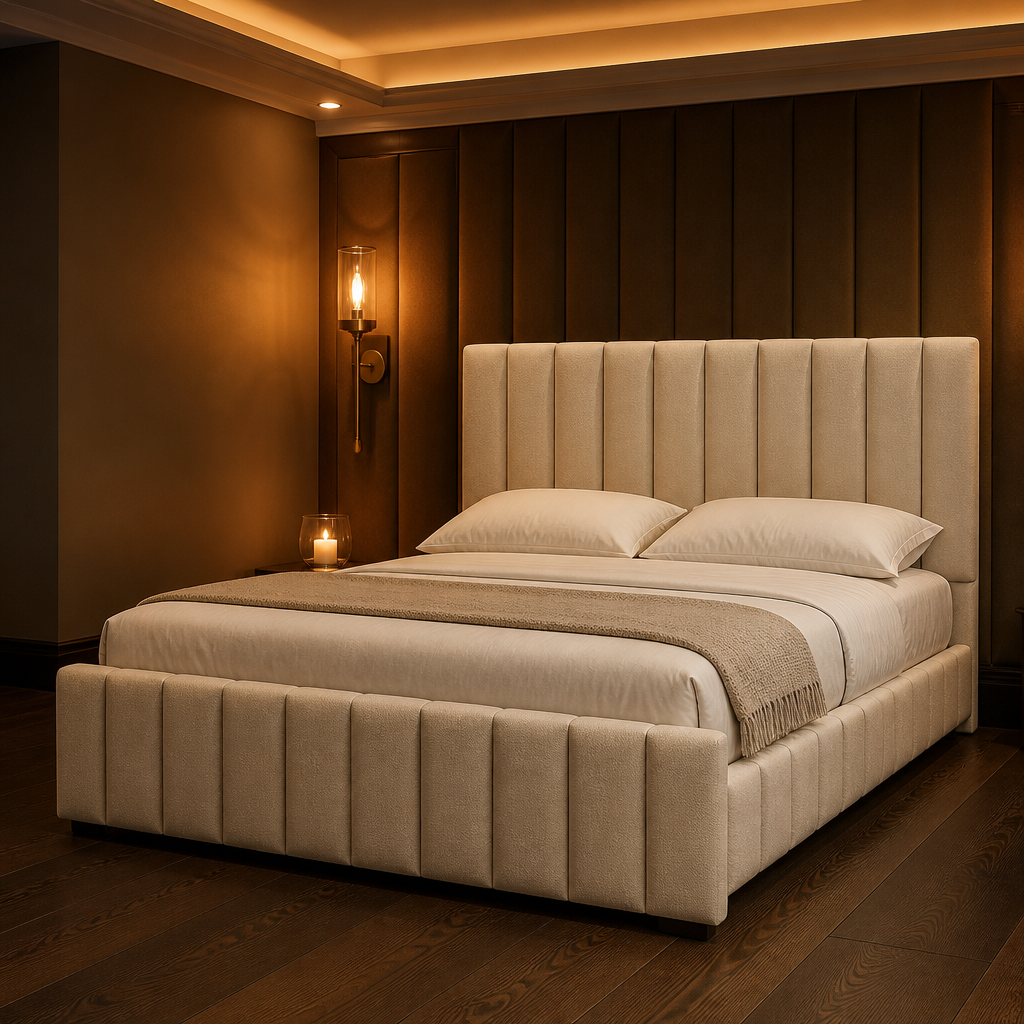 Linen beige channel tufted upholstered platform bed with tall headboard in a warm evening bedroom