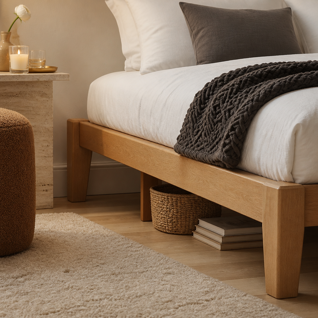 Close view of the tapered solid wood leg and low rail showing the ten inch under bed clearance with baskets