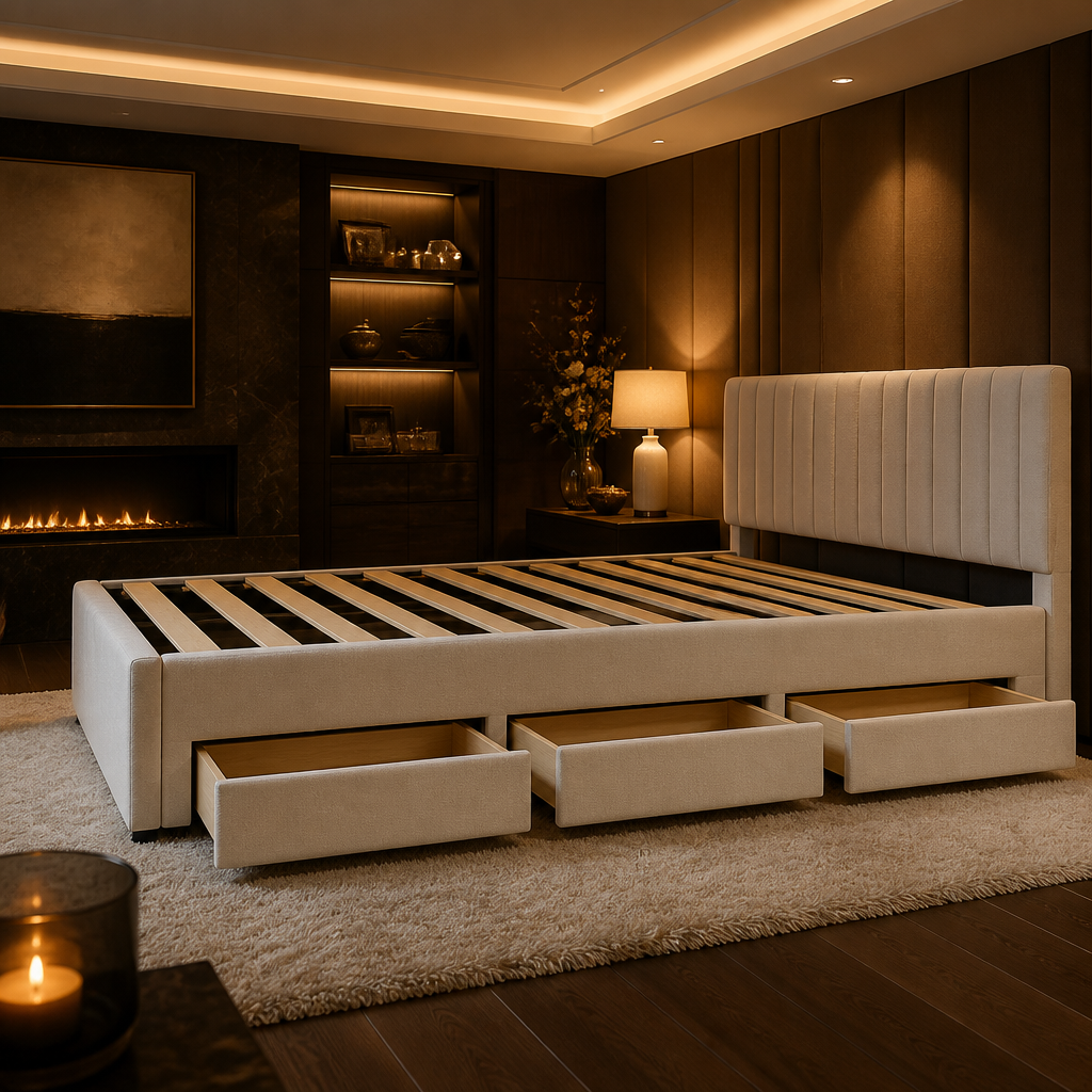 Linen beige bed frame seen from the long storage side with three side rail drawers pulled open and the slat deck above