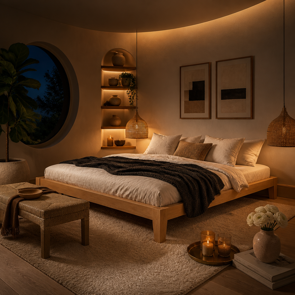 Solid wood platform bed styled with layered bedding, rattan pendants and a boucle bench in an evening bedroom