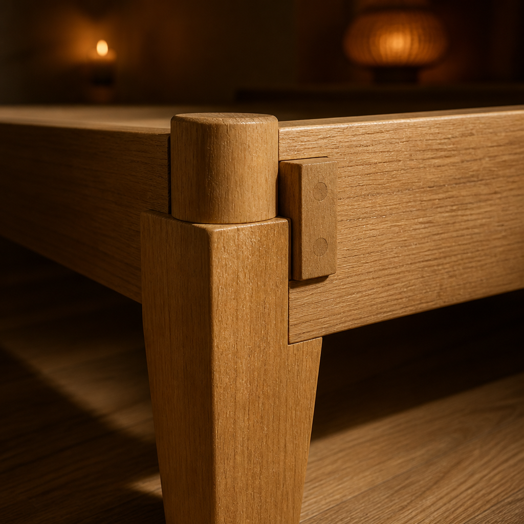Macro of the tool free round socket and tenon corner joint on the solid wood bed frame