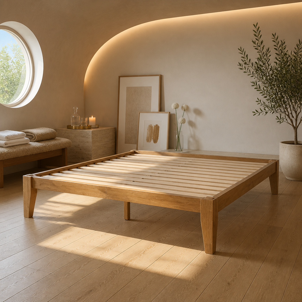 Bare light brown solid wood bed frame showing the full slat deck and tapered legs in daylight