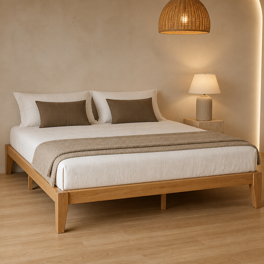 Light brown solid wood King platform bed frame with white linen bedding in a warm curved plaster bedroom