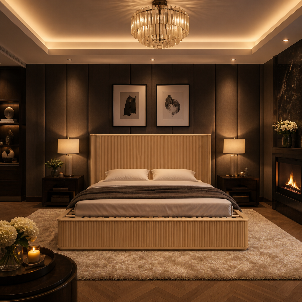 Modern Natural Bed Frame seen from the foot of a chandelier lit bedroom