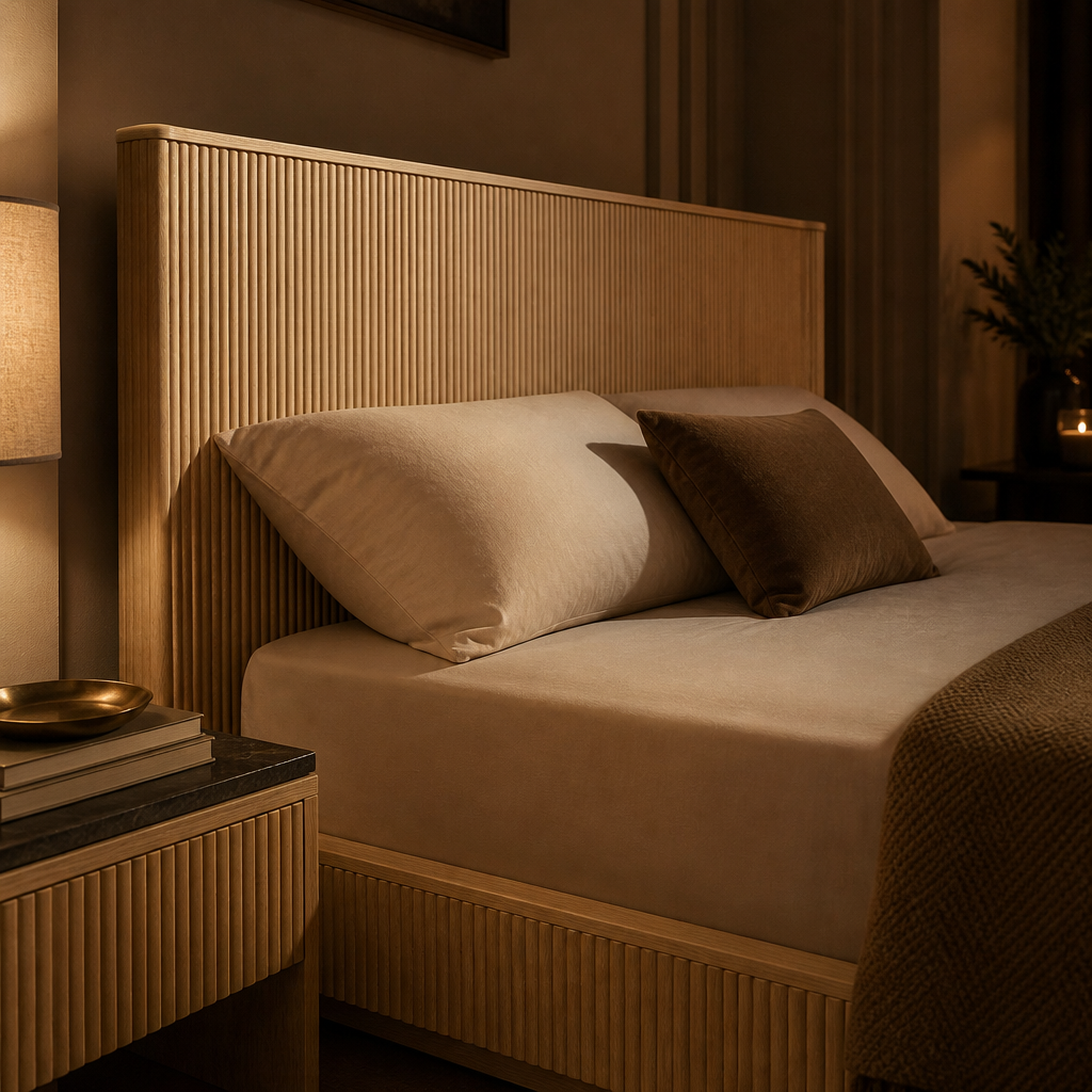 Reeded oak headboard and bullnose cap of the Modern Natural Bed Frame in lamplight