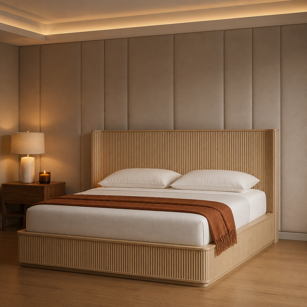 Modern Natural Bed Frame in pale blonde reeded oak, styled in a warm evening bedroom