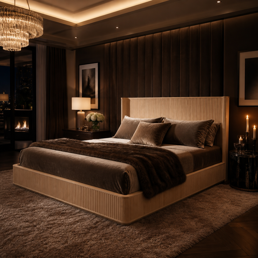 Modern Natural Bed Frame dressed with layered velvet in a moody evening bedroom
