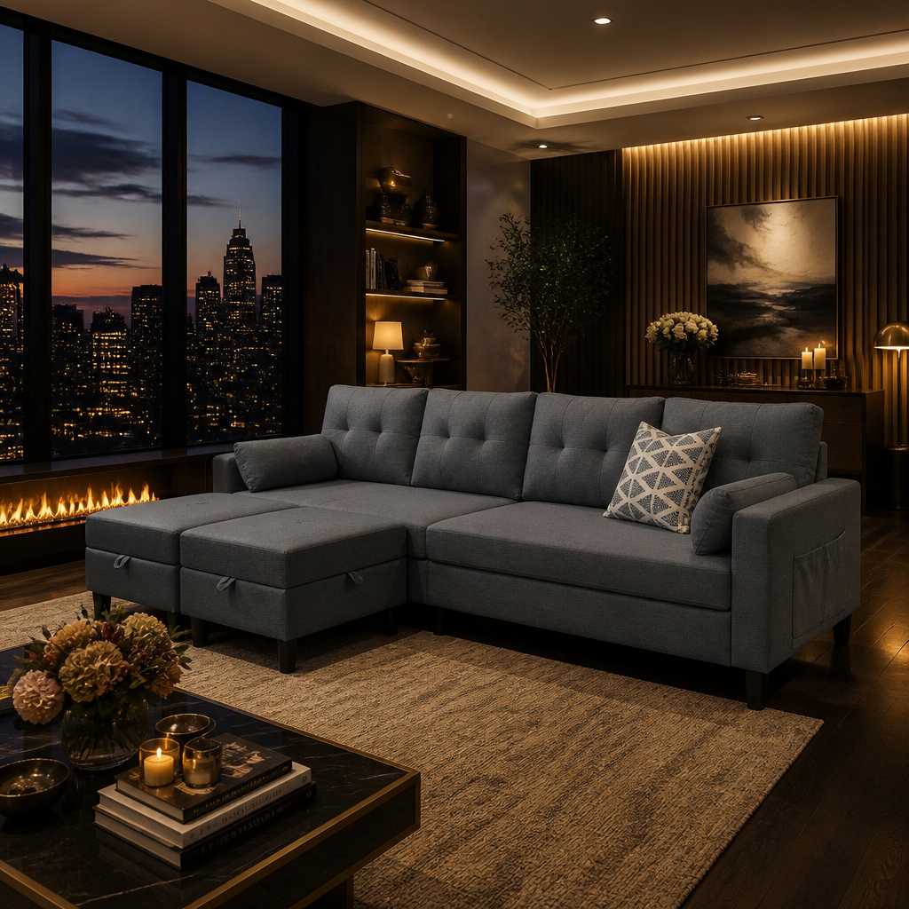 Modern Sectional Sofa with both storage ottomans in a penthouse living room at dusk
