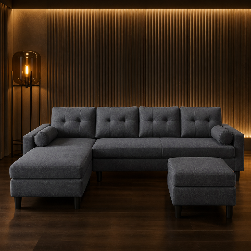 Modern Sectional Sofa in charcoal grey against a backlit fluted feature wall