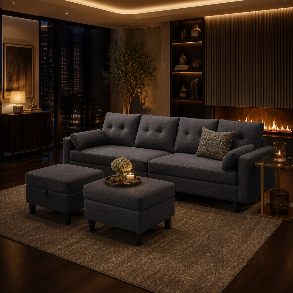 Modern Sectional Sofa with two storage ottomans arranged in front in an evening living room