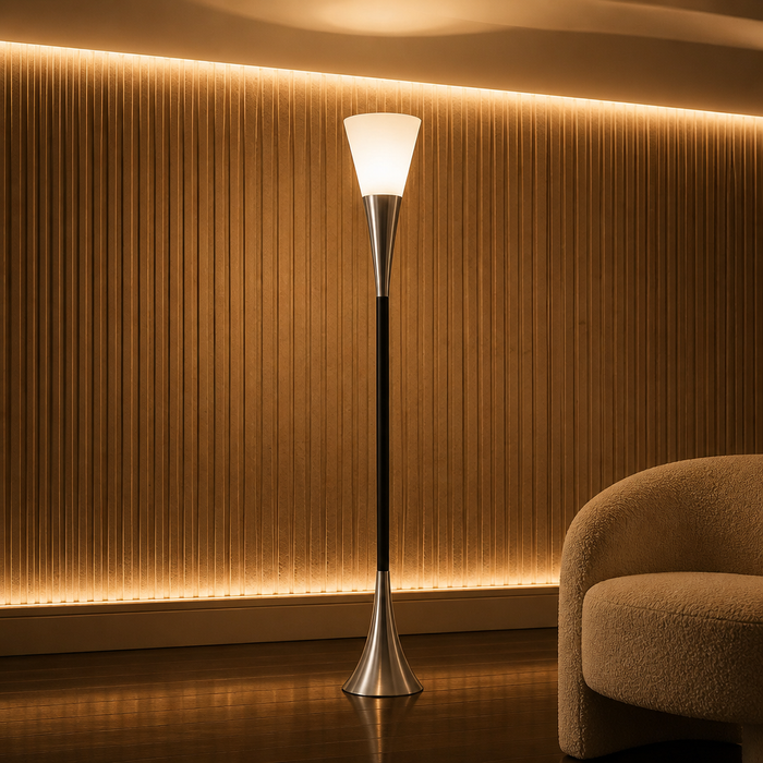 Farmhouse Glass Floor Lamp nickel torchiere, hero view