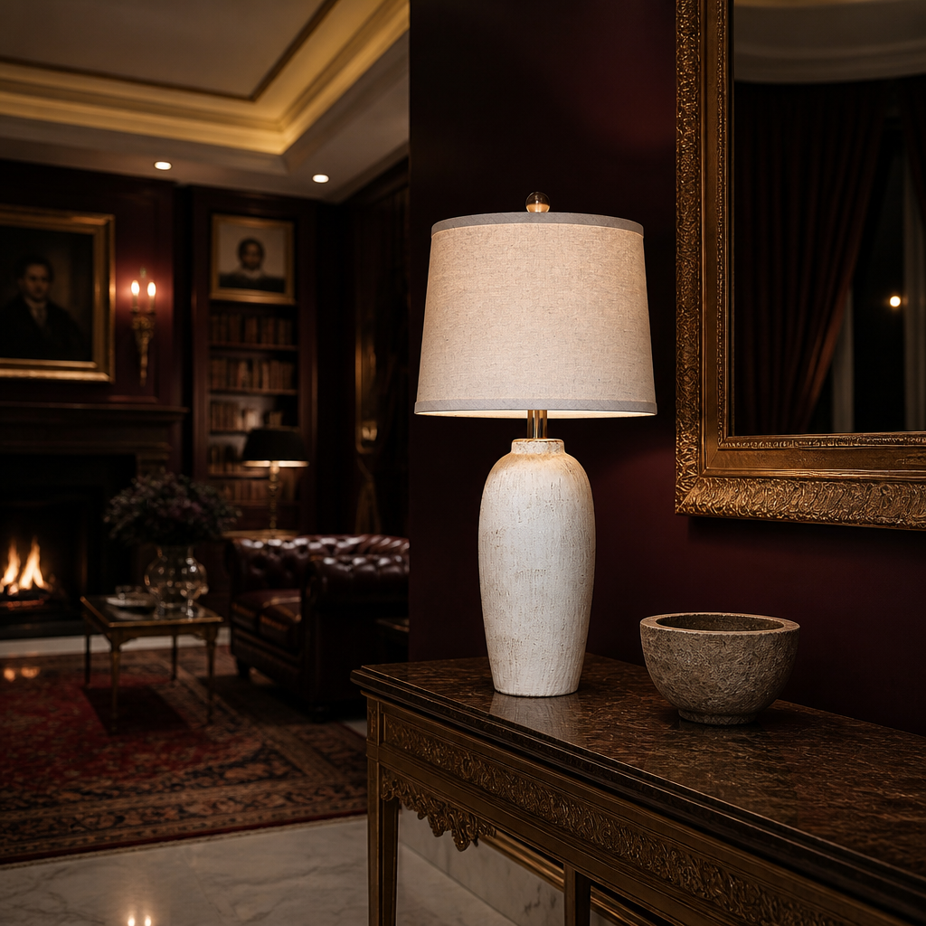 Farmhouse Ceramic Table Lamp cream crackle glaze lamp, on a console below a mirror