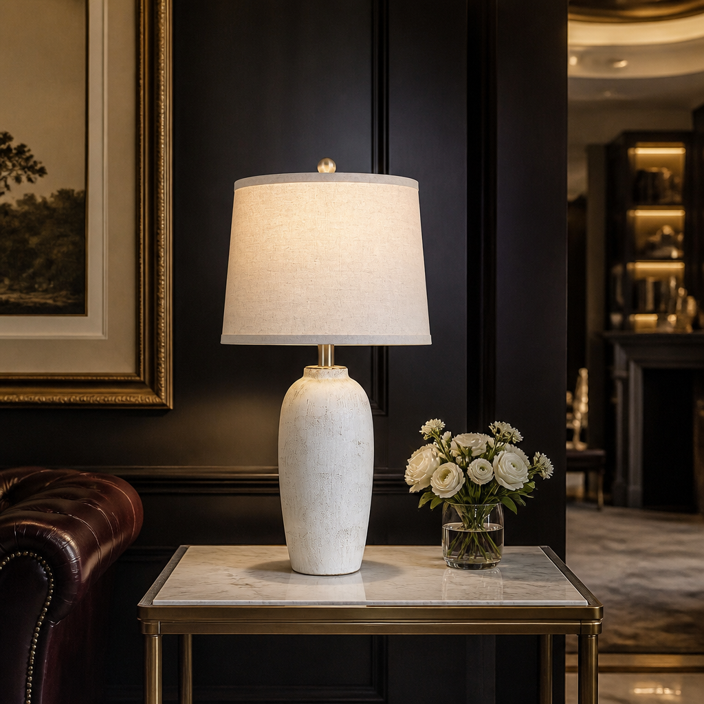 Farmhouse Ceramic Table Lamp cream crackle glaze lamp, on a marble side table