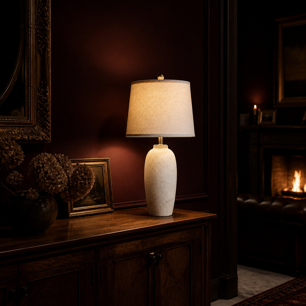 Farmhouse Ceramic Table Lamp cream crackle glaze lamp, lit in a dark room