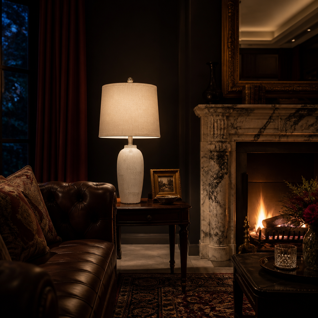 Farmhouse Ceramic Table Lamp cream crackle glaze lamp, beside leather seating