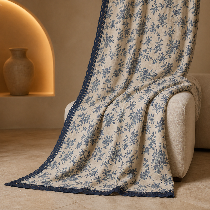 Farmhouse Linen Curtains blue toile panel with navy lace trim, hero view