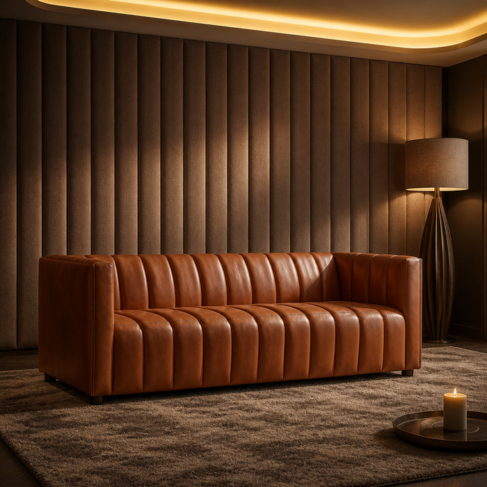 Genuine Modern Top Grain Leather Sofa shown complete in a styled evening interior
