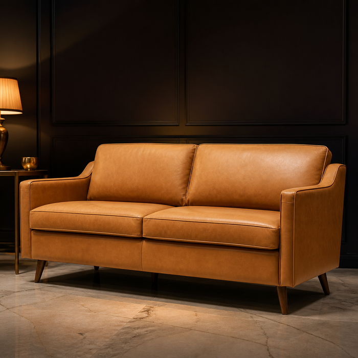 Impart Top Grain Leather Sofa - hero view styled in a warm evening interior
