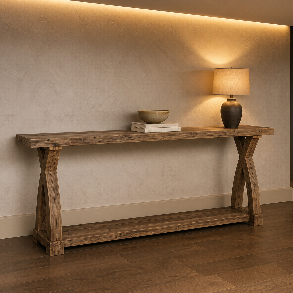Rustic solid wood console table with crossed X arch legs and a lower shelf, styled against a warm lit wall
