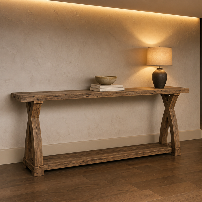Rustic solid wood console table with crossed X arch legs and a lower shelf, styled against a warm lit wall