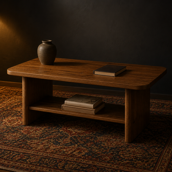 Farmhouse Solid Wood Coffee Table in warm chocolate fir with a thick rounded top, solid slab legs and a lower storage shelf, styled in a warm evening living room