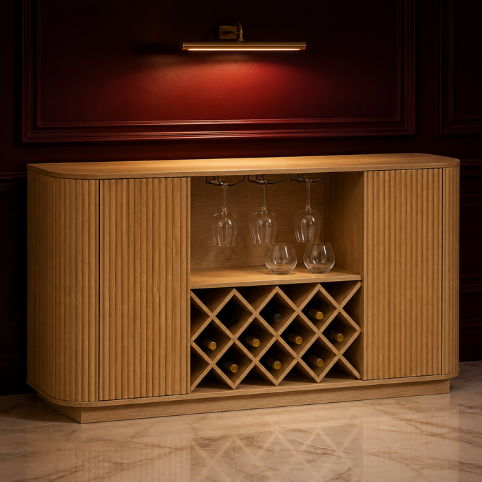 Fluted Farmhouse Glass Storage Cabinet — The oak wine bar cabinet against a deep oxblood lacquered wall on a pale marble floor