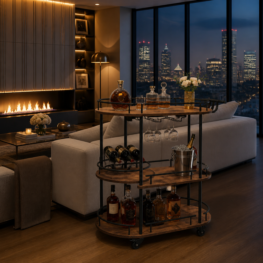 Black frame and walnut shelf bar cart beside a low sofa with a city skyline behind