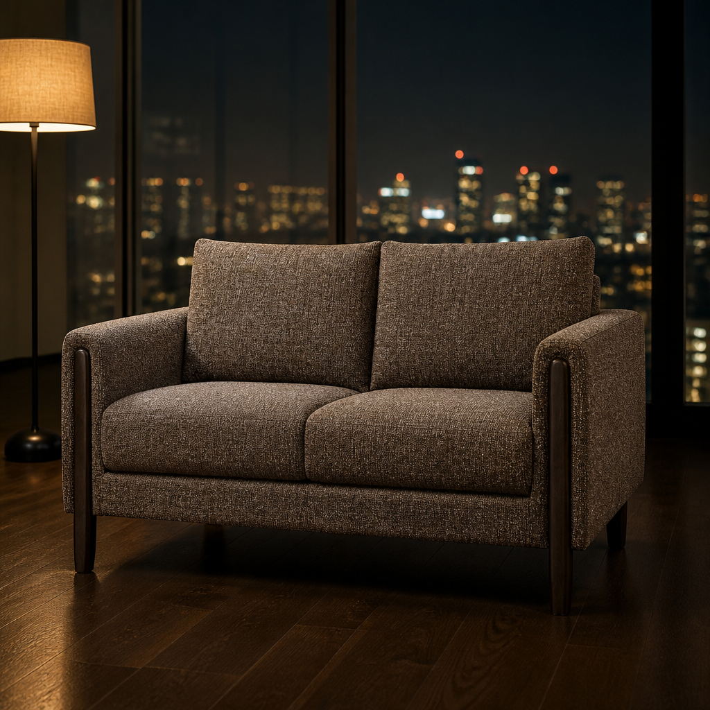 Hawken Mid-Century Boucle Loveseat - hero view styled in a warm evening interior