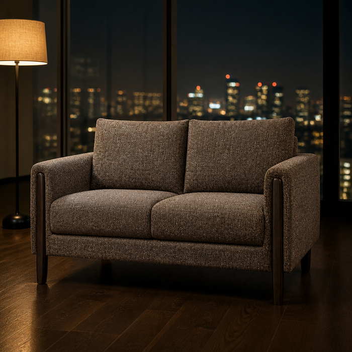 Hawken Mid-Century Boucle Loveseat - hero view styled in a warm evening interior