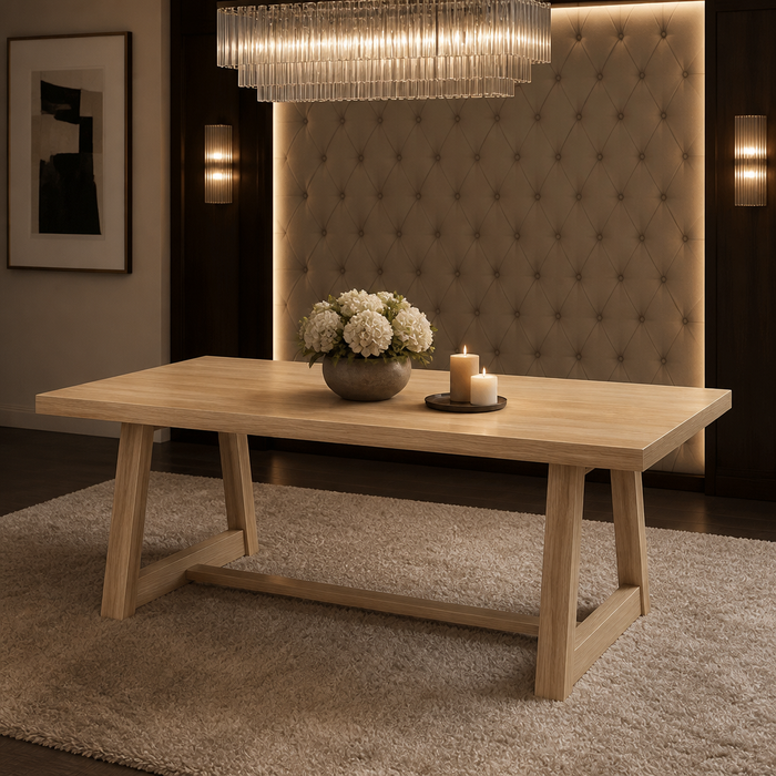 Blonde wirebrushed solid wood trestle dining table beneath a chandelier