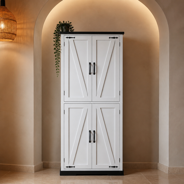 Farmhouse White Storage Cabinet, four barn-brace doors with black cap and hardware