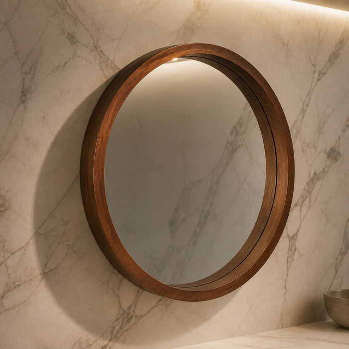 Hutton Modern Walnut Mirror - hero view on a marble slab wall