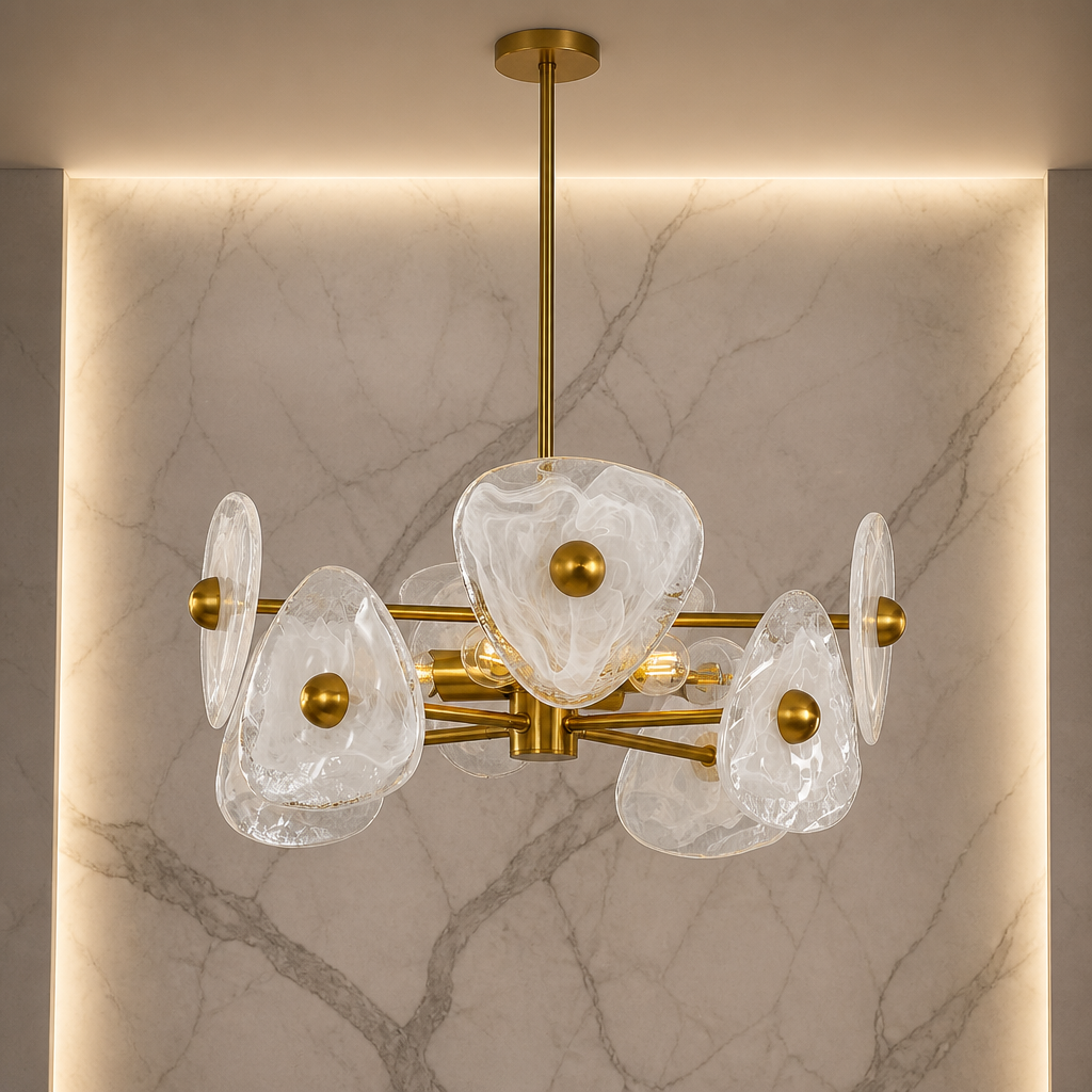 Six arm brass chandelier with cloud pattern white glass petals against marble