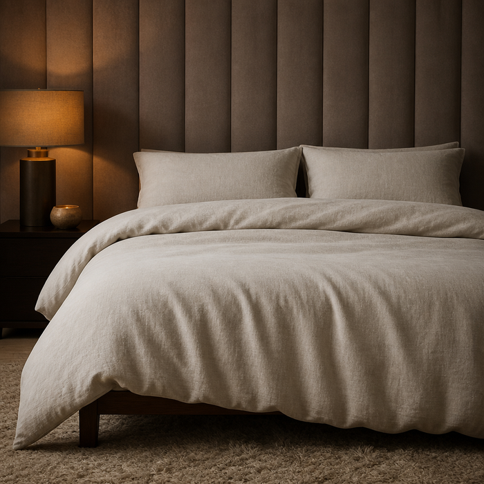 Farmhouse Natural Duvet Set in natural oatmeal stonewashed linen with two envelope pillowcases, made up on a bed in a warm evening bedroom