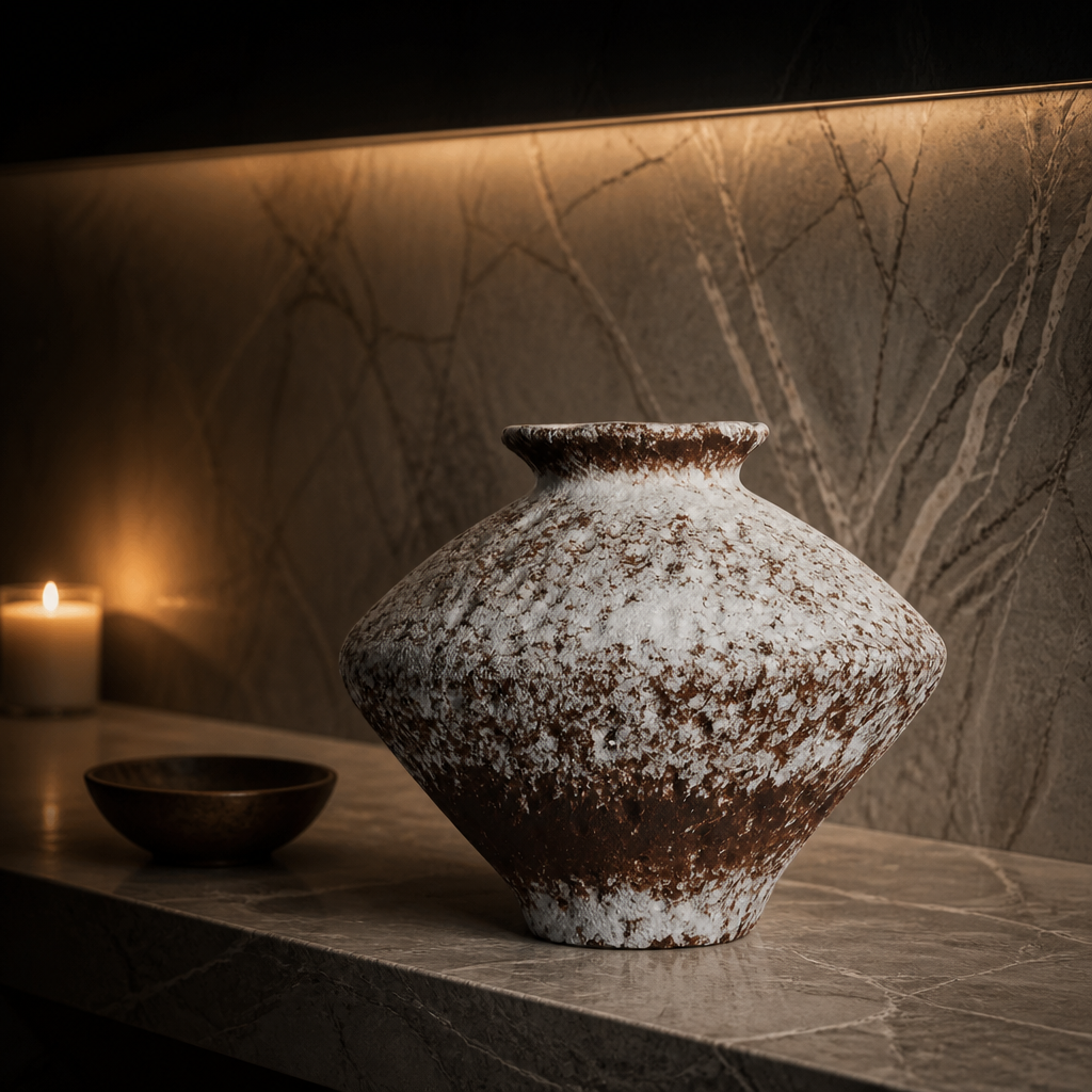 Farmhouse White Vase, volcanic white and rust ceramic on a honed marble ledge