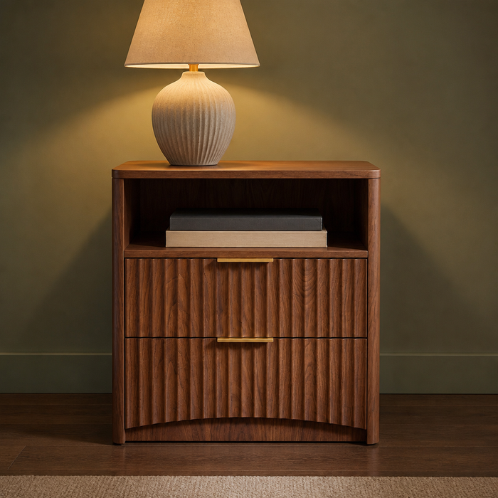 Fluted Mid-Century Walnut Nightstand — The nightstand alone against a deep sage green wall washed by a cove strip above
