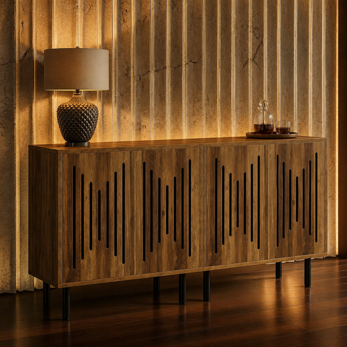 Four door slatted storage sideboard in rustic brown on slim black metal legs
