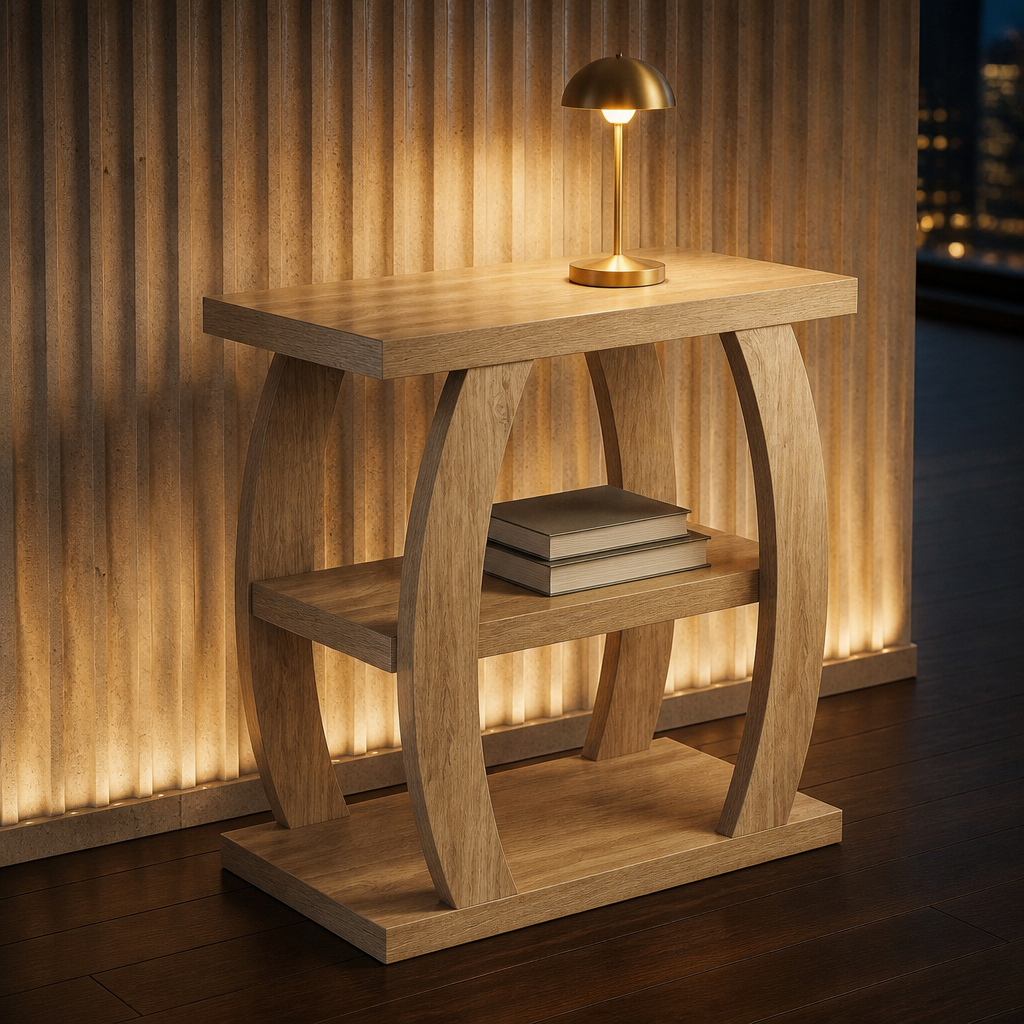 Farmhouse Natural Side Table in light oak with a symmetrical arched frame and two open shelves, styled beside seating in a warm evening living room