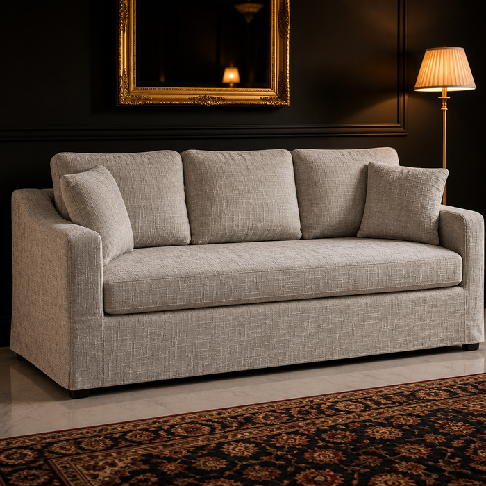 Light grey chenille three seat sofa against a dark lacquered wall