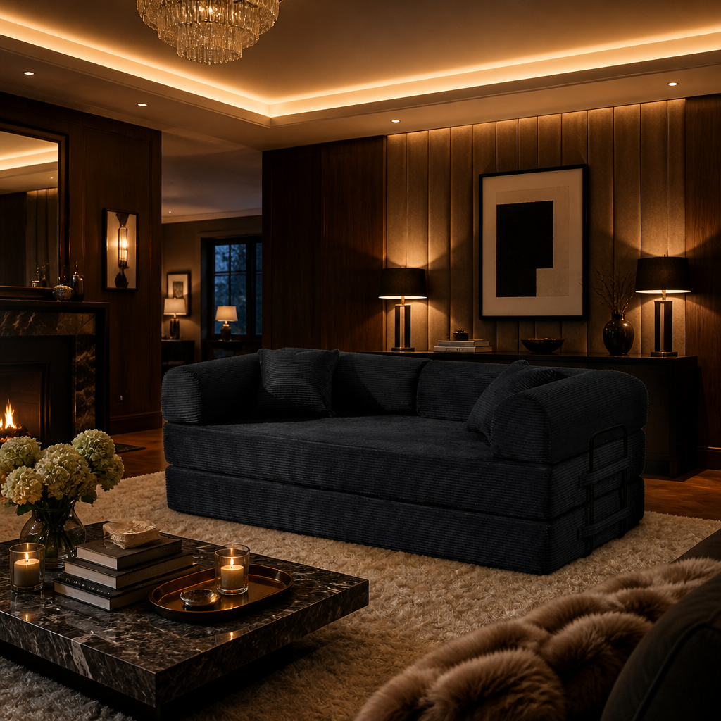 Folding Corduroy Sleeper Sofa styled in a full room setting