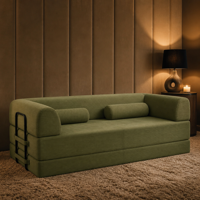 Folding Corduroy Sleeper Sofa shown complete in a styled evening interior