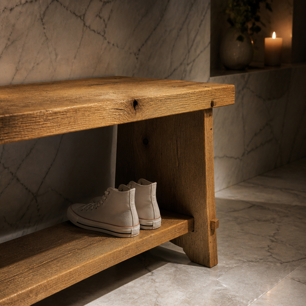 Farmhouse Solid Wood Bench in rustic fir with exposed mortise and tenon joinery and a lower shoe shelf, styled in a warm marble entrance hall (styled view)