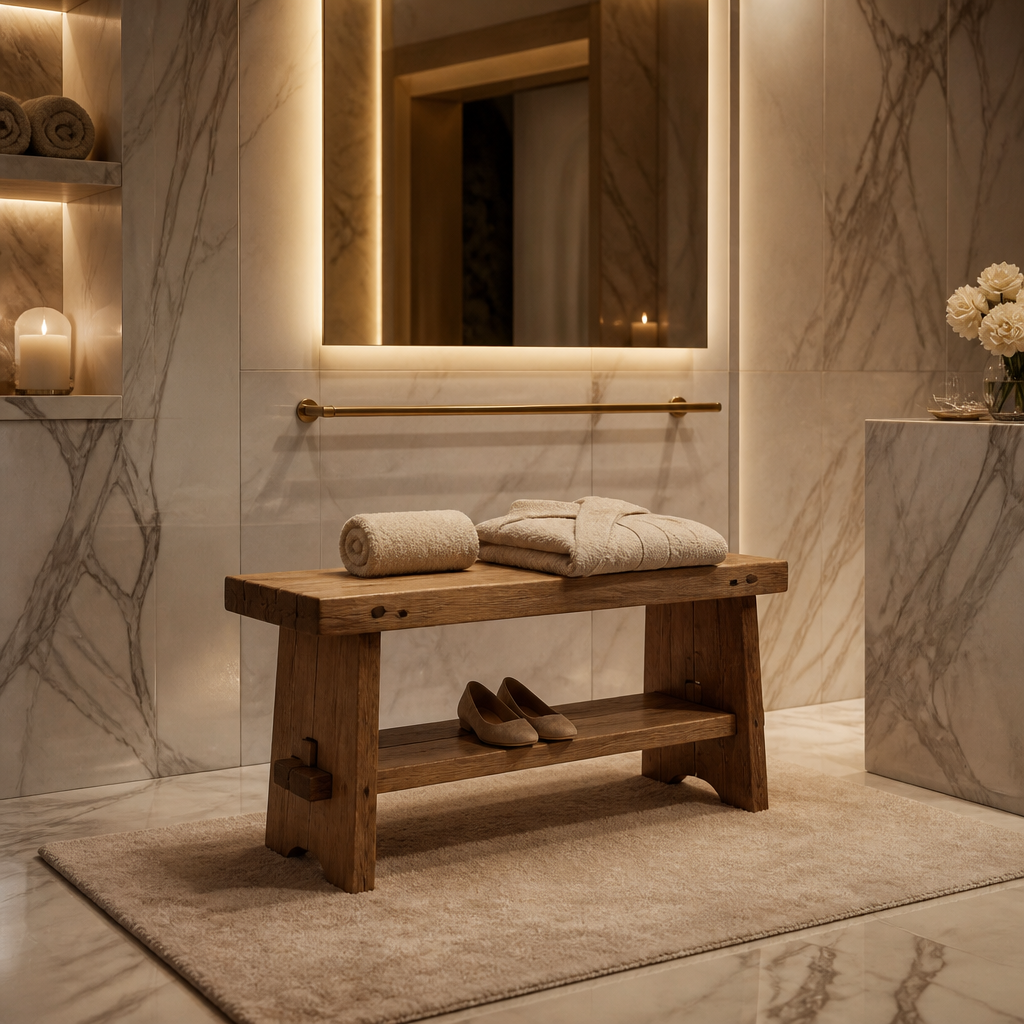 Farmhouse Solid Wood Bench in rustic fir with exposed mortise and tenon joinery and a lower shoe shelf, styled in a warm marble entrance hall (alternate view)