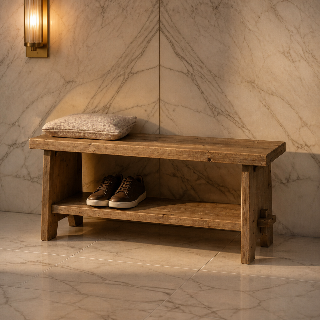 Farmhouse Solid Wood Bench in rustic fir with exposed mortise and tenon joinery and a lower shoe shelf, styled in a warm marble entrance hall