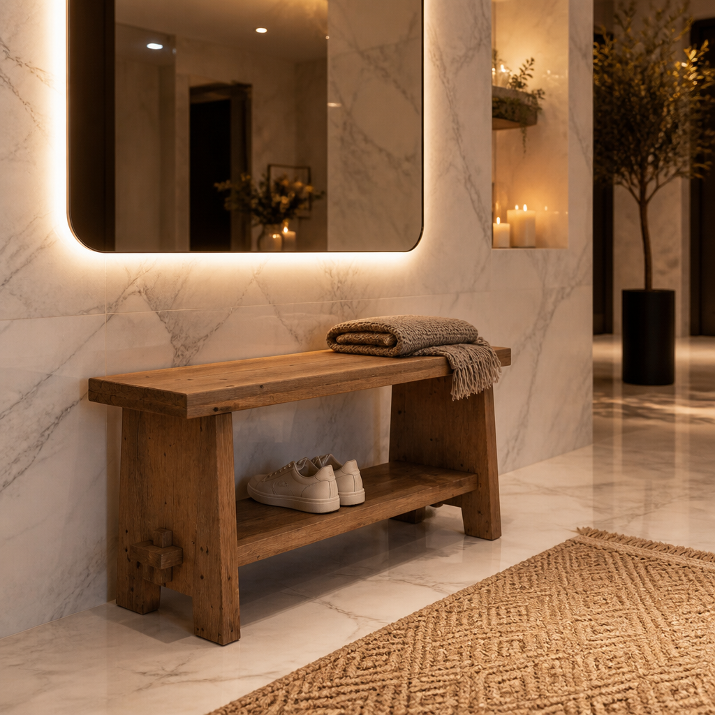 Farmhouse Solid Wood Bench in rustic fir with exposed mortise and tenon joinery and a lower shoe shelf, styled in a warm marble entrance hall (in room)
