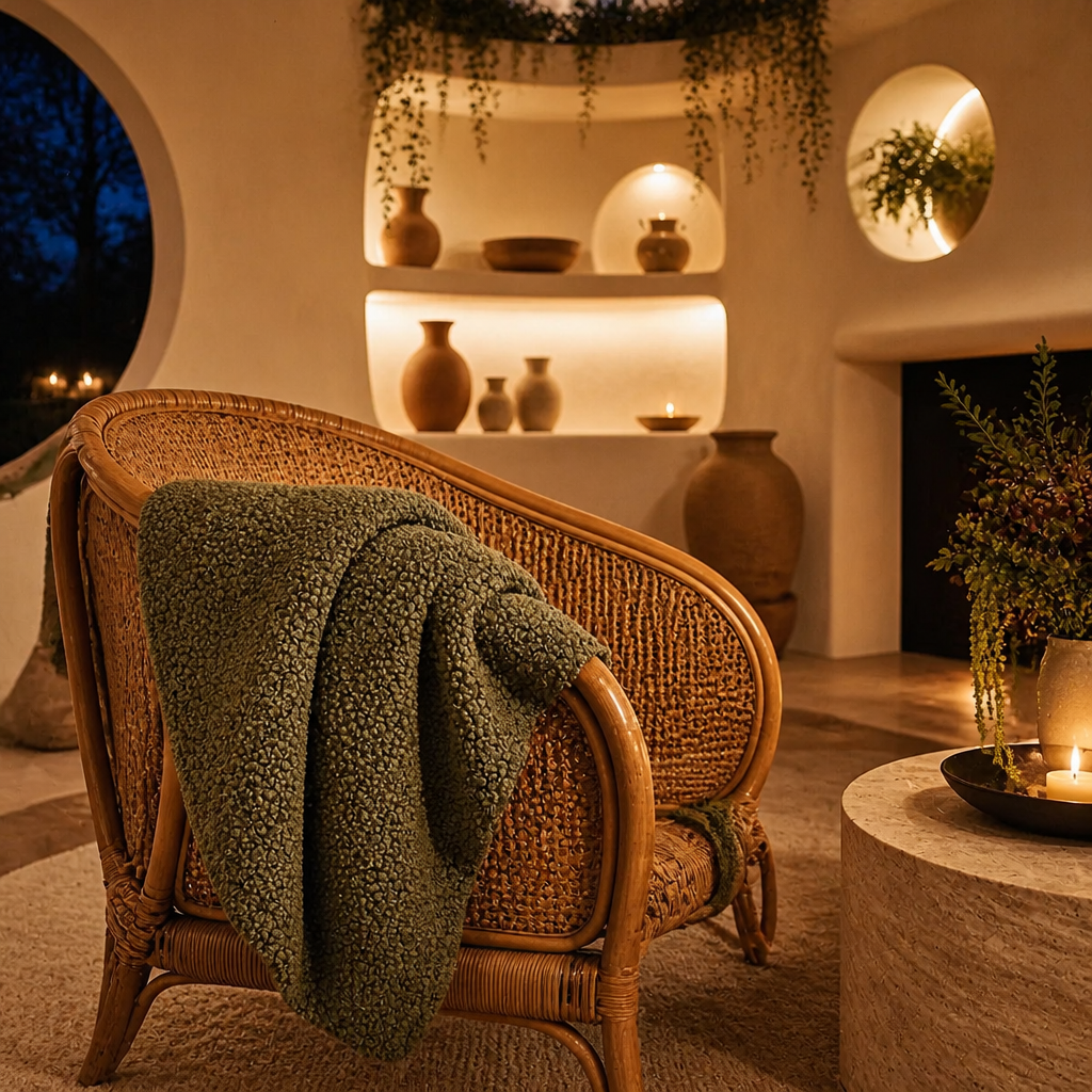 Hiend Farmhouse Boucle Throw Blanket - laid over a chair arm in a styled room