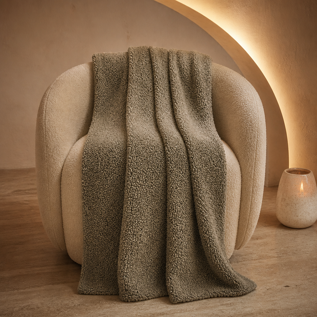 Hiend Farmhouse Boucle Throw Blanket - hero view draped in a warm evening interior
