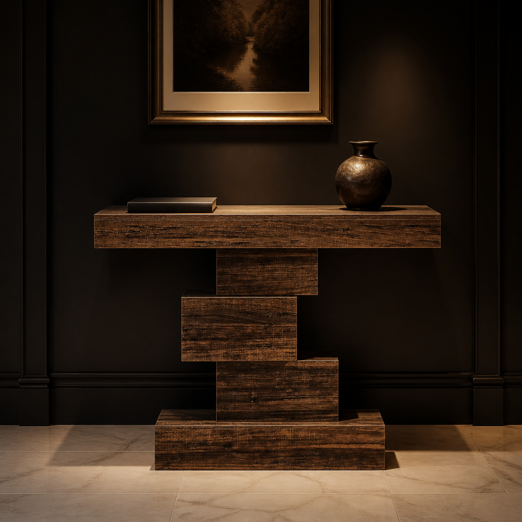 Farmhouse Wood Console Table in Chocolate, thick slab top on a zigzag block base