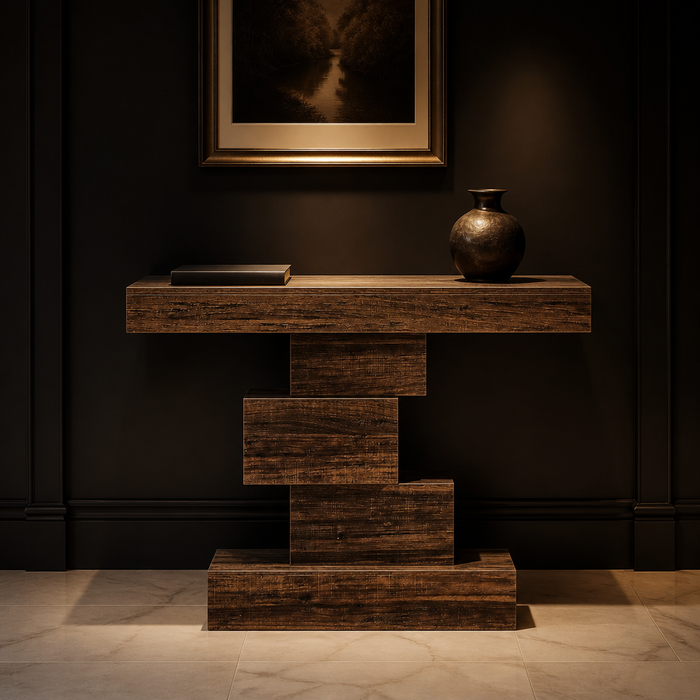Farmhouse Wood Console Table in Chocolate, thick slab top on a zigzag block base
